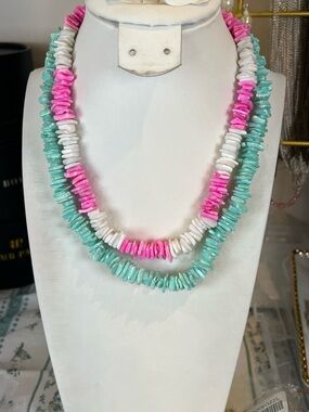 Turquoise, Pink & White Bead Chip Layered Necklace